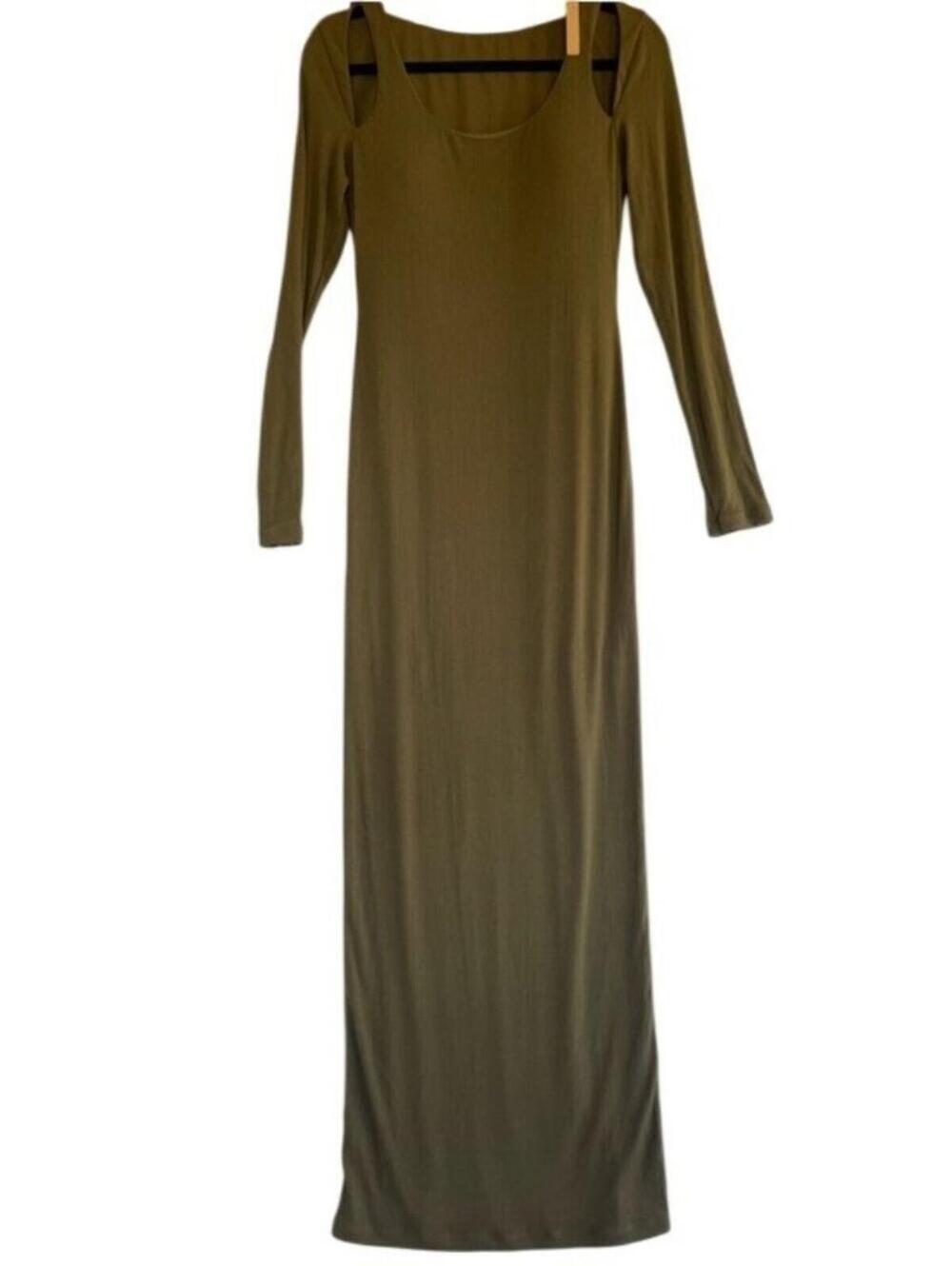 ShapeLLX Ribbed Shoulder Cut-Out Shaping Dress Olive Green Maxi Large NWT Chic
